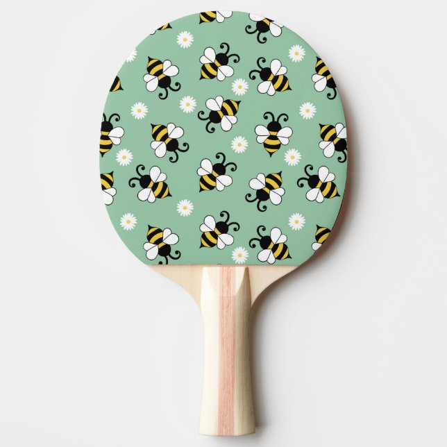 Raquete De Ping Pong Pequenas abelhas e flores margaridas (Frente)