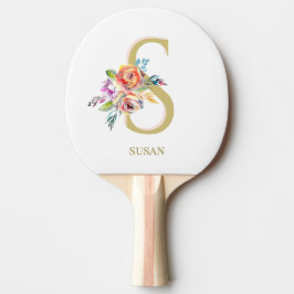 Raquete De Ping Pong Personalização Branca Dourada Floral