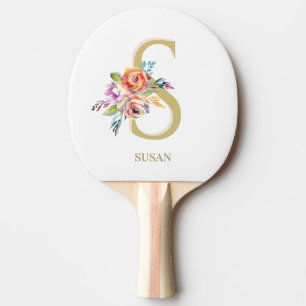 Raquete De Ping Pong  Personalização Branca Dourada Floral