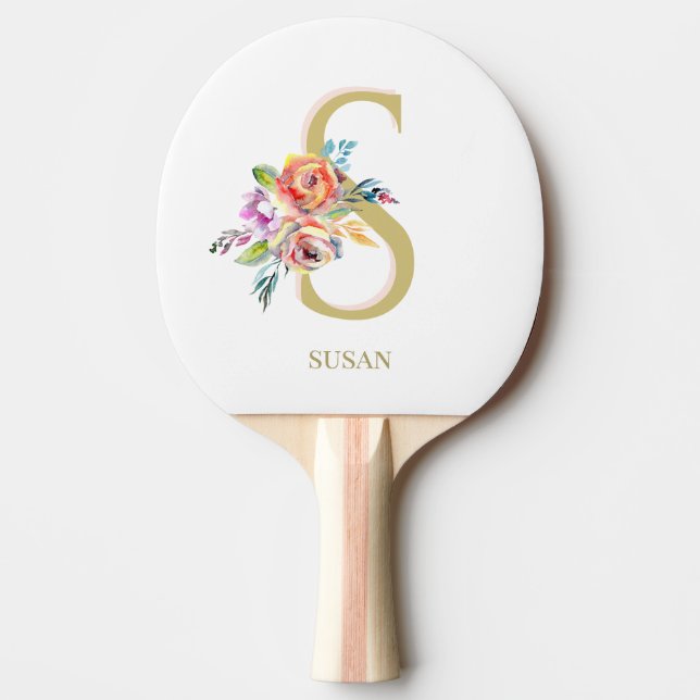 Raquete De Ping Pong  Personalização Branca Dourada Floral  (Frente)