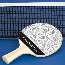 Raquete De Ping Pong Personalizado Preto e Branco Doodle Desenhado à Mã
