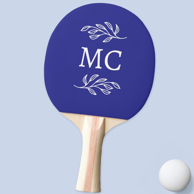 Raquete De Ping Pong Personalized Monogram Initials Botanical Leaf Blue (Modern personalized monogram initials botanical leaf line art ping pong paddle)