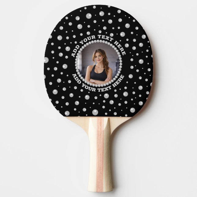 Raquete De Ping Pong Personalized Photo with Pearls Circle on Black (Frente)