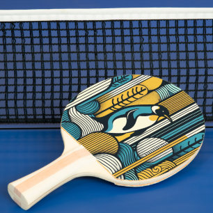 Raquete De Ping Pong Pinguim Azul-Teal Amarelo-Mostarda Em Geometria Re