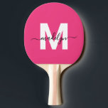 Raquete De Ping Pong Pink Name Monogram<br><div class="desc">Create Your Own Personalized Modern Script Name Girly Magenta Hot Pink Monogram Ping Pong Paddle. This ultra-girly paddle features a vibrant magenta hot pink background with a bold, flat white initial (no shimmer or foil) on the front, paired with a playful black script name for a personalized touch. The back...</div>