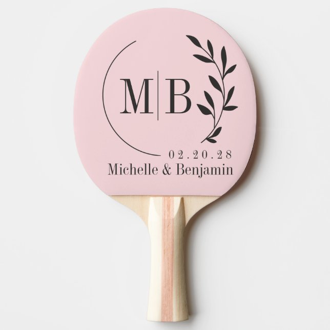 Raquete De Ping Pong Pink Whisper and Black Leaf Wedding Monogram (Frente)