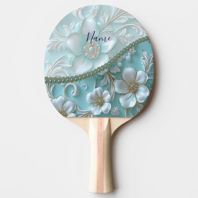 Raquete De Ping Pong Pino do Pino Floral Branco Teal (Frente)
