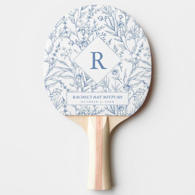 Raquete De Ping Pong Pino do Pong do Bat Mitzvah Ping Floral Azul (Frente)