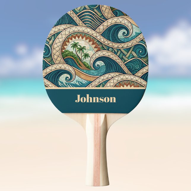 Raquete De Ping Pong Polynesian Tropical Wave Palm Trees Pattern Name (Criador carregado)