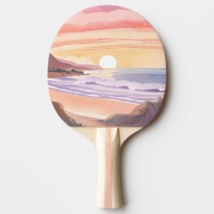 Raquete De Ping Pong Pôr do Sol no Mar Corado Pintura em Aquarela de
