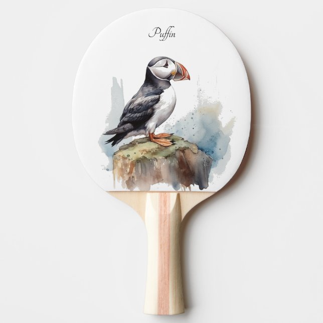Raquete De Ping Pong Puffin em Rock Watercolor, personalizado (Frente)