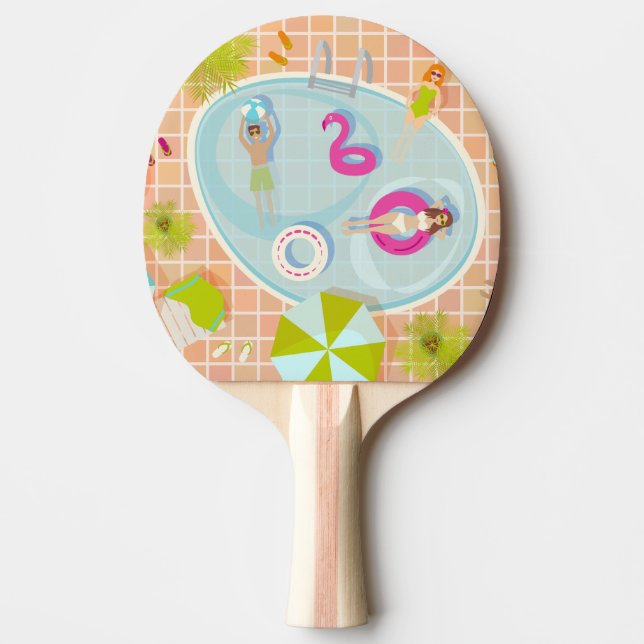 Raquete De Ping Pong Raparigas Bikini e caras jogando piscina de nataçã (Frente)