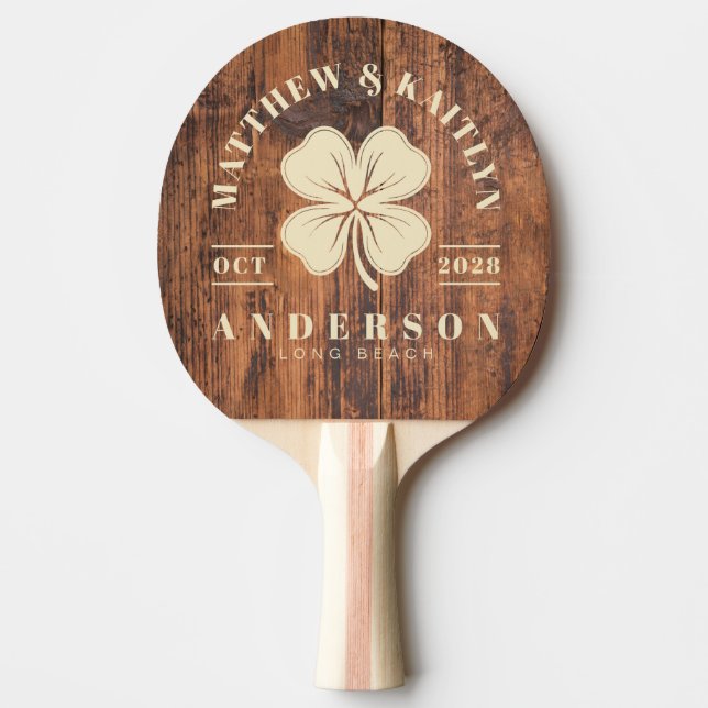Raquete De Ping Pong Reclaimed Wood Irish Lucky Clover Wedding Crest (Frente)