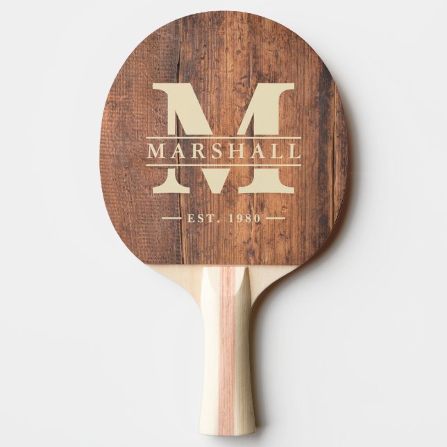 Raquete De Ping Pong Reclaimed Wood Monogram & Name Overlay (Verso)