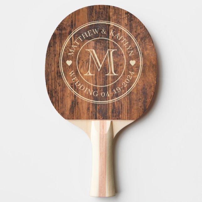 Raquete De Ping Pong Reclaimed Wood Wedding Monogram Heart (Frente)