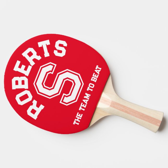 Raquete De Ping Pong Red blue custom monogram name initial and team (Lateral do verso)