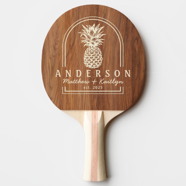 Raquete De Ping Pong Red Oak Wood Pineapple Wedding Arch & Name (Verso)