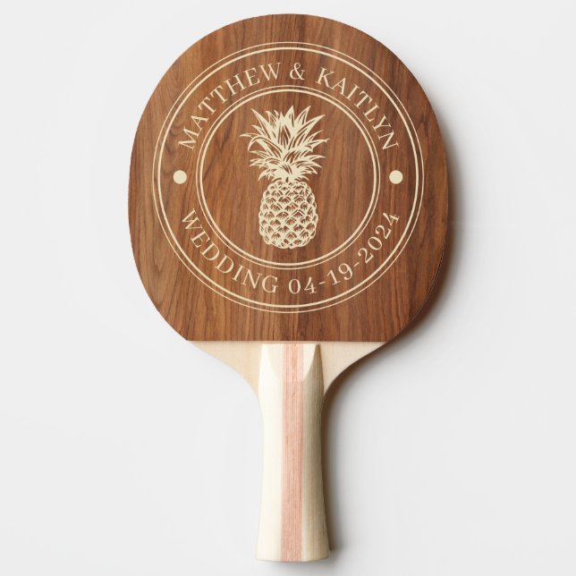 Raquete De Ping Pong Red Oak Wood Pineapple Wedding Crest & Names (Verso)