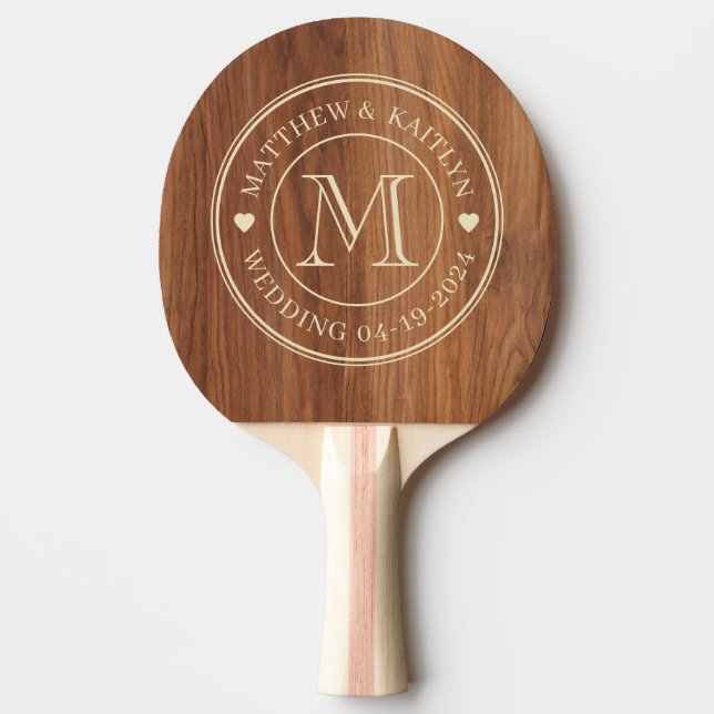 Raquete De Ping Pong Red Oak Wood Wedding Monogram Heart (Frente)