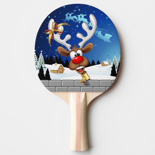 Raquete De Ping Pong Rena Fofa Espiando Meme de Natal (Frente)