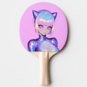 Raquete De Ping Pong Retrato Ciber Pop de Gatinha Holográfica