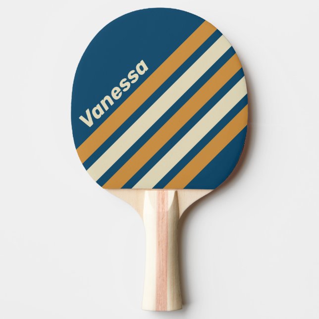 Raquete De Ping Pong Retro Blue Wave Angled Striping with Name (Frente)