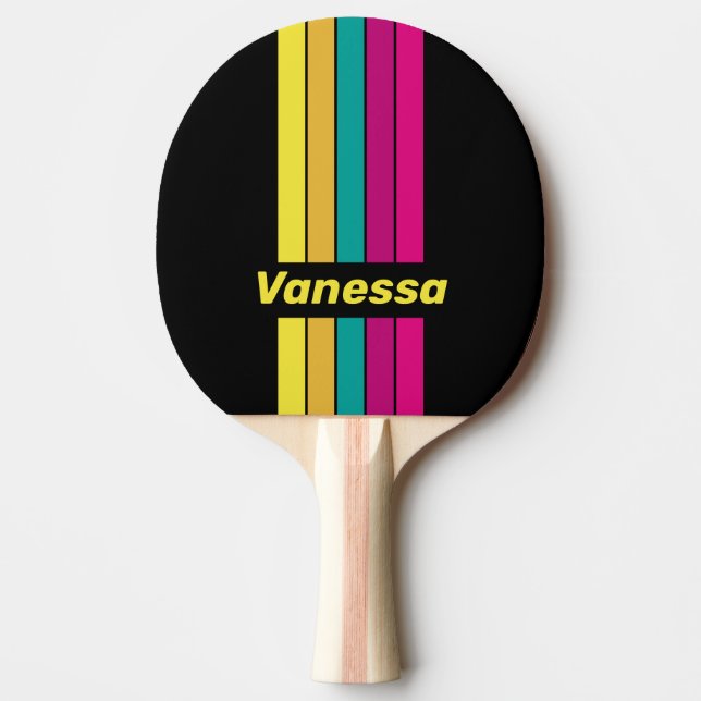 Raquete De Ping Pong Retro Dark 80s Pin Striped with Name (Frente)