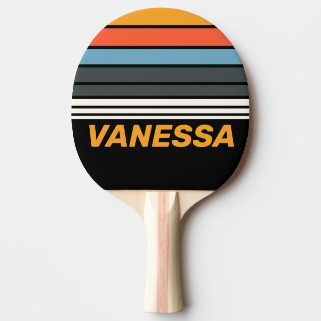 Raquete De Ping Pong Retro Dark Rainbow Horizon Striping with Name Ping (Frente)