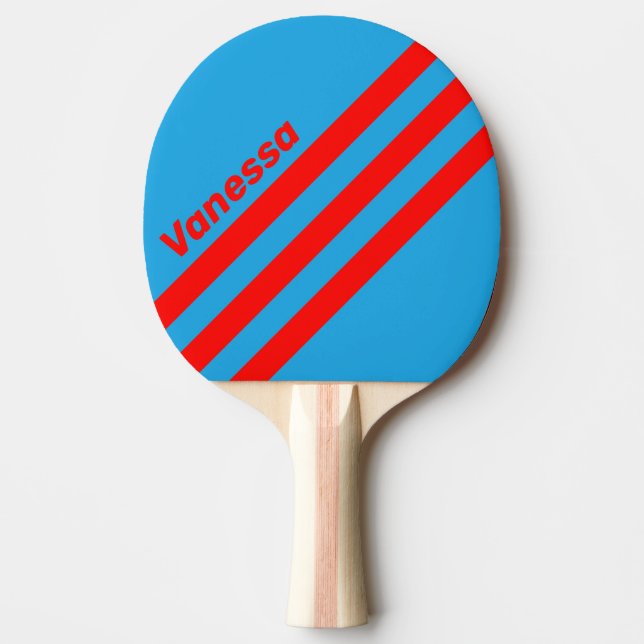 Raquete De Ping Pong Retro Electric Blue Red Three Angled Stripe & Name (Frente)