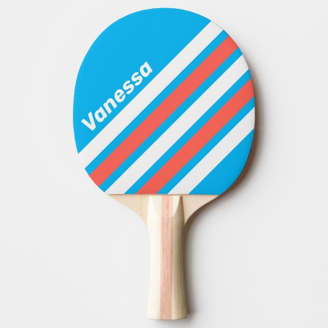 Raquete De Ping Pong Retro Light Sky Blue Angled Striping with Name (Frente)