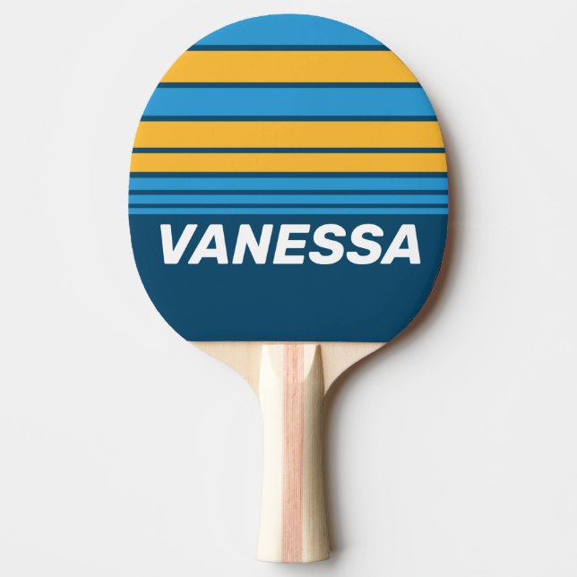 Raquete De Ping Pong Retro Navy Blue Horizon Striping with Name (Frente)