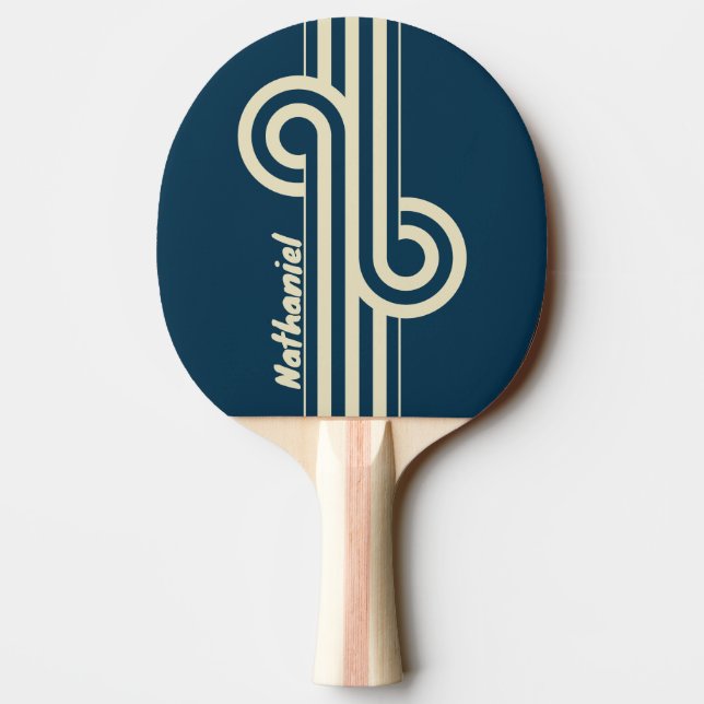 Raquete De Ping Pong Retro Navy Fade Dual Stripe Loop com Nome (Verso)