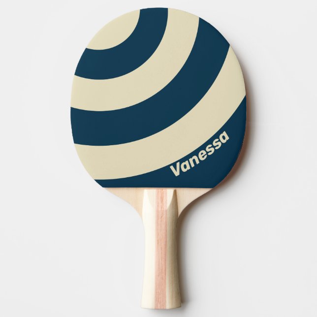Raquete De Ping Pong Retro Navy Fade Três Círculo Listra com Nome (Frente)