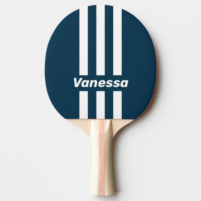 Raquete De Ping Pong Retro Navy Three Pin Stripes with Name (Frente)