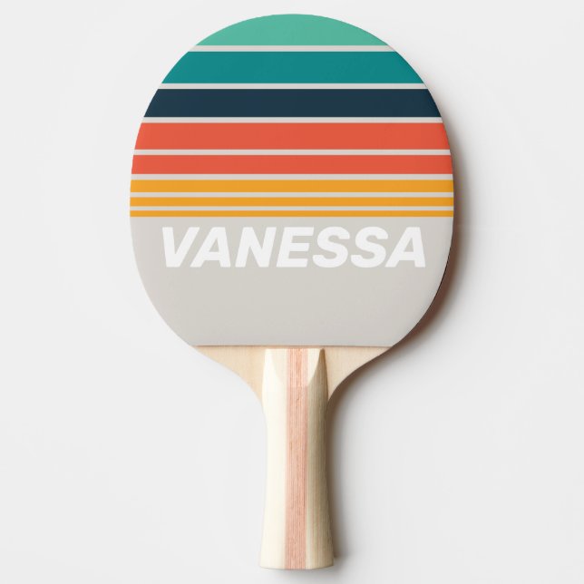 Raquete De Ping Pong Retro Ocean Rainbow Horizon Striping with Name (Frente)