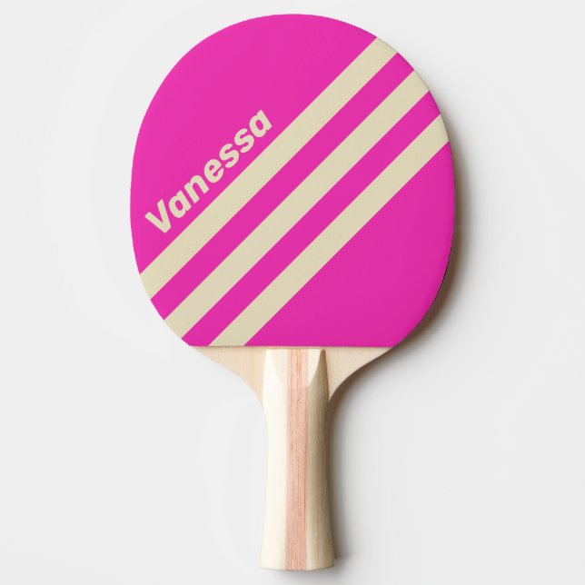 Raquete De Ping Pong Retro Pink Three Angled Striping with Name (Frente)