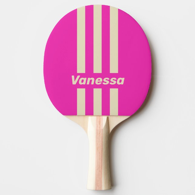 Raquete De Ping Pong Retro Pink Three Pin Stripes with Name (Frente)