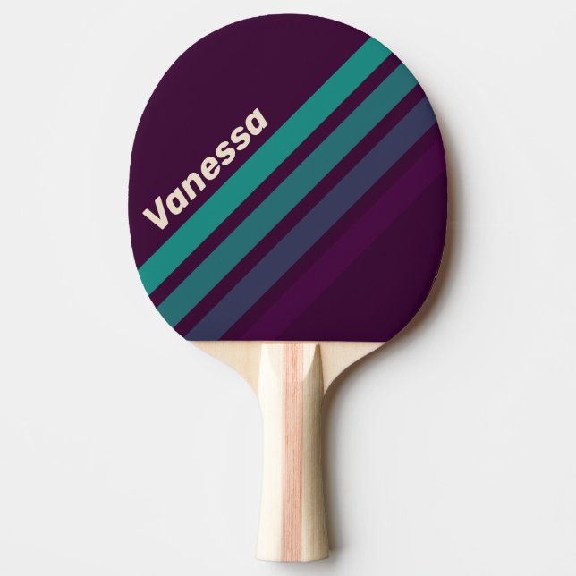 Raquete De Ping Pong Retro Purple Rainbow Angled Striping with Name (Frente)