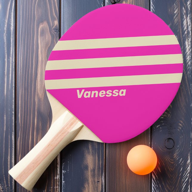 Raquete De Ping Pong Retro Rosa Três Listras com Nome (Criador carregado)