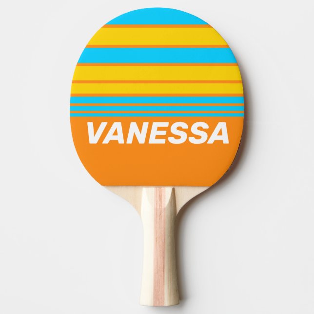 Raquete De Ping Pong Retro Summer Beach Horizon Striping with Name (Frente)