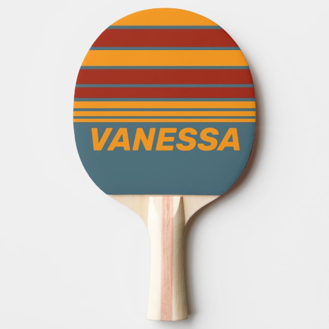 Raquete De Ping Pong Retro Sunrise on Slate Horizon Striping with Name (Frente)