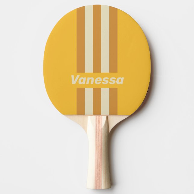 Raquete De Ping Pong Retro Sunshine Mustard Pin Stripes with Name (Frente)