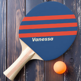 Raquete De Ping Pong Retro Vermelho & Azul Três Listras com Nome