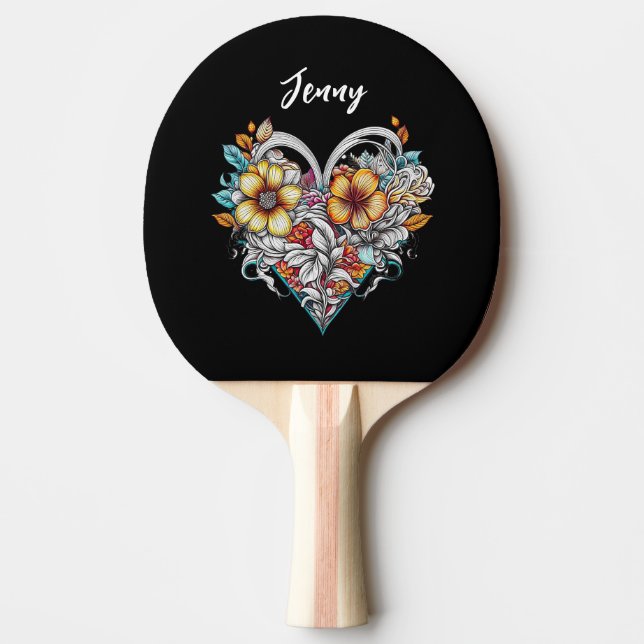 Raquete De Ping Pong Romântico do Coração Floral Personalizado (Frente)