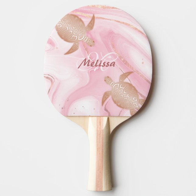 Raquete De Ping Pong Rosa Dourada Turtle Blush Marble Monograma Seu Nom (Frente)