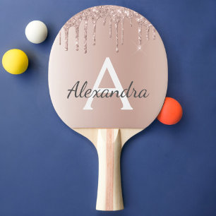 Raquete De Ping Pong Rosa Dourado - Nome do Monograma do Metal com Lant