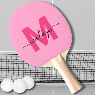 Raquete De Ping Pong Rosa Vibrante Nome Moderno em Letra Manual Monogra