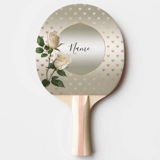Raquete De Ping Pong Rosas brancas, Dourado Coração Ping Pong Paddle (Frente)