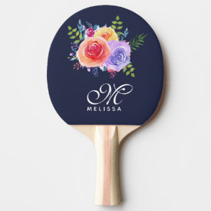 Raquete De Ping Pong Rosas de Aquarela Moderna Monograma de Buquê Flora