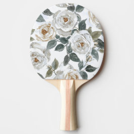 Raquete De Ping Pong Rosas de Jardim | Floral Vintage em Aquarela Branc